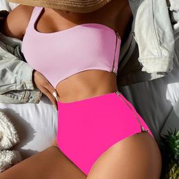 Women's Swimwear One Shoulder Cut Out Zipper Woman 2024 Hollow Piece Swimsuit Pink Bodysuit Beach Bathing Suit Women Monokini Brazil