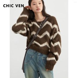 Women's Sweaters CHIC VEN Women Sweater Loose Casual Ripple Contrast Color Short Knitted Jumper O Neck Warm Soft Pullovers Autumn Winter