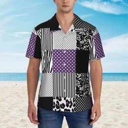 Men's Casual Shirts Patchwork Print Vacation Shirt Men Purple And Black Summer Short Sleeve Graphic Classic Oversized Blouses Gift