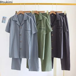 Spring Summer Mens Pyjamas Short Sleeved Top and Pants Washed Cotton Simple Plaid Home Service Suit Pantalon Pijama Hombre 240518