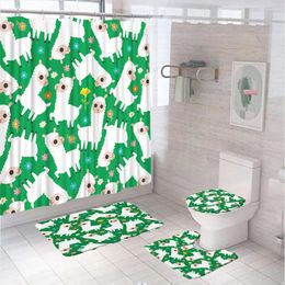 Shower Curtains 4Pcs Alpaca Curtain Sets Cartoon Animal Flower Waterproof Fabric Bathroom Non-Slip Bath Mat Rug Lid Toilet Cover