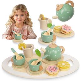 Kitchens Play Food Wooden afternoon tea set girls boys toddlers food pretend game toys simulated kitchen wooden tea cup set childrens toys d240525