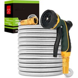 100FT ,Flexible Water Hoses with Nozzle, Rust Proof and Corrosion Resistant, Never Kink, Stainless Steel Garden Hose L2405