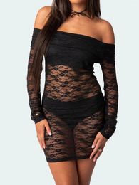 Casual Dresses Women S Off Shoulder Lace Dress Fashion Long Sleeve See-Through Bodycon Mesh Mini For Party Cocktail Club