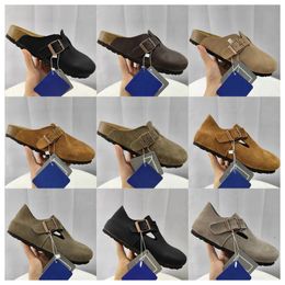 New top Designer bostons clogs slipper slides women men designer sandals soft suede snake leather slide clog flip flops taupe buckle strap favourite beach