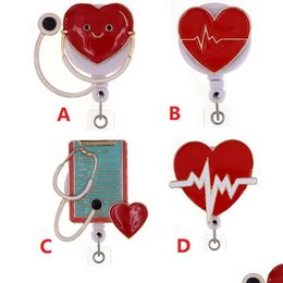 Key Rings Medical Heart Shape Rhinestone Retractable Id Holder For Nurse Name Accessories Badge Reel With Alligator Clip Drop Delive Dh3Zh