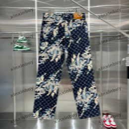 xinxinbuy Men women designer pant Panelled flower pattern fabric denim sets Spring summer Casual pants Black blue green red Apricot S-3XL
