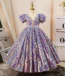 purple Crystal Long Flower Girls Dress Pageant Dresses Beaded 2024 Toddler Infant Clothes Little Kids Birthday Gowns luxury Long Toddler Birthday Party Prom Gowns