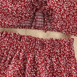 Girls Sets 8-12 Years Little Girl Red Floral Halter Top + Red Floral Skirt Korean Style Suits Summer Casual Clothes Sets