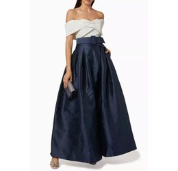 Elegant Long Off Shoulder Blue Satin Evening Dresses with Pockets A-Line Pleated Ankle Length Zipper Back Prom Dresses for Women