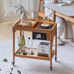 Kitchen Storage Solid Wood Nordic Movable Trolley Small Apartment Coffee Table Sofa Side Hand Wheeled Dining Car
