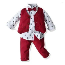 Clothing Sets Boys' Suit Autumn And Winter Printing Shirt Bow Tie Vest Trousers Match Children's Dress Batch