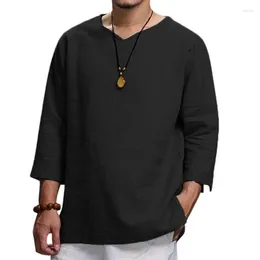 Men's Casual Shirts V Neck Cotton Linen 2024 Brand Roll Sleeve Beach Yoga Men Chemise Homme