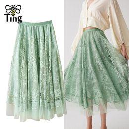 Skirts Tingfly High Quality Lace Beading Elastic Waist Casual All Season Basic Lady Midi Long A Line Lack Skirt Bottom