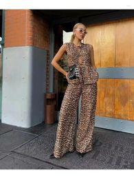 Women's Two Piece Pants Stylish Lady Fashion Streetwear Leopard Print Tops With Suit Women Sleeveless Open Stitch Vest Loose Floor Trousers