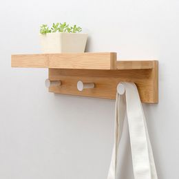 Bamboo Wall-Mounted Shelf Coat Hook Rack Clothes Bag Key Hanger for Bedroom Bathroom Storage Organizer