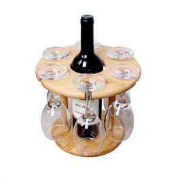 Preference HOT-Wine Glass Holder Bamboo Tabletop Wine Glass Drying Racks Camping for 6 Glass and 1 Wine Bottle 2903