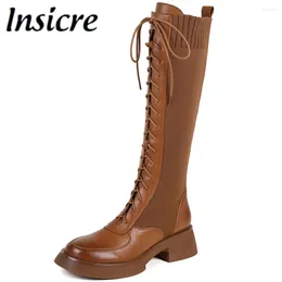 Boots Insicre 2024 Genuine Leather Knitting Patchwork Knee High Autumn Winter Women Riding Motorcycle Cross Tied Thick Heel Shoe