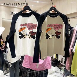 Women's T Shirts 2024 Autumn And Winter Fun Cartoon Print Loose-Fitting Sanding Colour Matching Anti-Aging Long Sleeves T-shirt Women