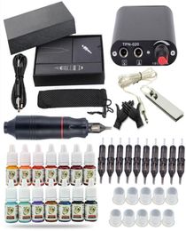 Complete Tattoo Kit Motor Pen Rotary Machine Gun Color Inks Power Supply Needles set 14 pigments ink4206107