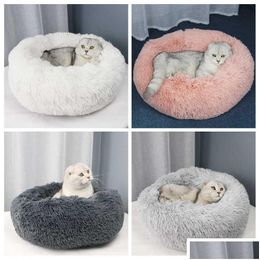 Kattbäddar möbler ny runda bekväma lugnande hundsäng för katter lugnande anti ängsel hus fleece marshmallow kudde droppleverans hem g dhyav