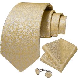 2022 Luxury Brand Golden Floral 8cm Silk Ties for Men Handkerchief Cufflinks Wedding Party Accessories Gift Wholesale
