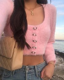 Women's Knits Korean Long Sleeve Solid Cardigan Early Spring Sweet Girl Pink Furry Low Round Neck Knitted Short Sweater Coat 2024