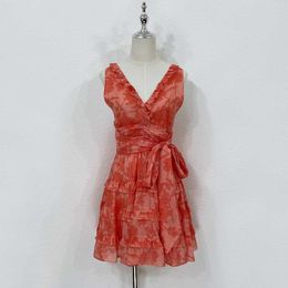Basic Casual Dresses Womens Dress Linen Red Floral Printed V-neck Sleeveless Gather Waist Backless Vest Mini Dressy9zz