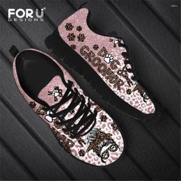 Casual Shoes FORUDESIGNS Dog Groomer Leopard Pink Ladies Flats Sneakers Lace Up Air Mesh Women Light Walking Zapatos Mujer 2024