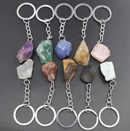 Natural Raw Irregular Stone Key Rings Gem Quartz Fluorite Amethyst Pendants Keychain Charms DIY Jewellery Making bag Accessorie