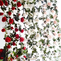 Decorative Flowers 2 Pcs 180cm Artificial Rose Flower Vine Wedding Real Touch Silk With Green Leaves For Home Hanging Garland