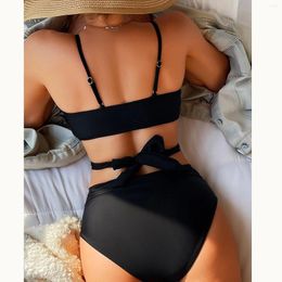 Women's Swimwear Bikini Solid Lace Up Adjustable Strap High Waist Sexy Two Pieces Swimsuit Ladies Plus Size Beachwear Suits