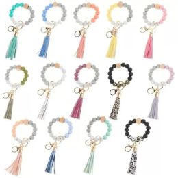 14 Colours Wooden Tassel Bead String Bracelet Key chain Food Grade Silicone Beads Bracelets Women Girl Key Ring Wrist Strap Party Favour LL