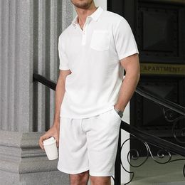 Vintage Turndown Collar Mens Polo Shirt Two Piece Suits Summer Short Sleeve Tops And Shorts Outfits Men Casual Pure Color 240518
