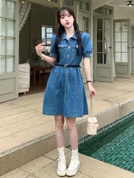 Casual Dresses FMFSSOM Spring Summer Solid Slim Short Lady Dress A Line Turndown Collar Single Breasted Mid-CAlf Women