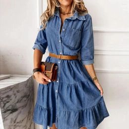 Casual Dresses Autumn Fashion Solid Color Women's Denim Dress Ruffles Hem Jean Shirt Chic Long Sleeve Cowboy Midi