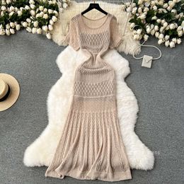 Korean style dress with gentle hook flower hollowed out knitted short sleeved dress womens slim fit long fishtail skirt summer