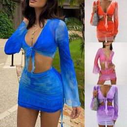 Bathing Suit Cover Ups Women Women's Sexy Long Sleeve 2 Pieces Sheer Mesh Up Dress Crop Top Bodycon Ruched Mini Skirt Sets