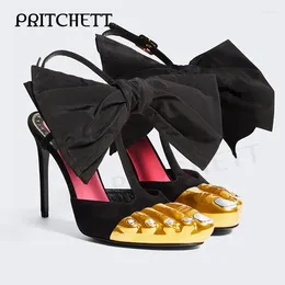 Dress Shoes Black Big Bow Gold Toe High Heel Sandals Stiletto T Strap Ankle Buckle Temperament Fashionable Women's