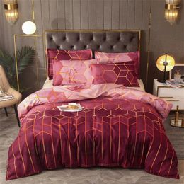 Bedding Sets Wine Red Geometric Marble Pattern Duvet Cover Set And 2 Pillowcase 3-Piece Soft Fluffy Bed Linen With Zip Luxury