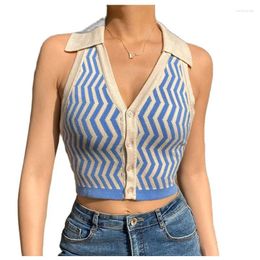 Women's Tanks Women Striped Crop Top Open Back Deep V-neck Knitted Vest Sexy Breasted Slim Shirt Fashion Tops 2024 Summer