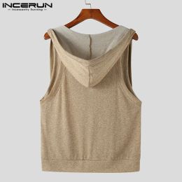 Handsome Well Fitting Tops INCERUN Men's Low Neck Hooded Cropped Waistcoat Casual Stylish Male Solid Color Tank Tops S-5XL 2023