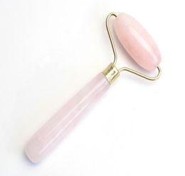 Natural Chakra Rose Quartz Carved Reiki Crystal Healing Gua Sha Beauty Single Roller Facial Massor Stick with Alloy GoldPlated2633208