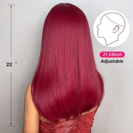 EASIHAIR Wine Red Burgundy Straight Synthetic Wigs with Bangs Cosplay Party Long Hair Wig for Women Natural Heat Resistant Fibre