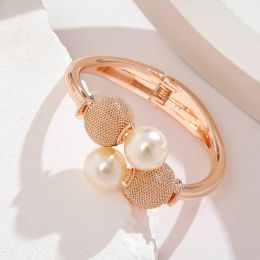Hyperbole Exaggerated Retro Metal Open Cuff Bangle for Women Geometric Delicated Hollow Double Pearl Round Ball Bracelet Jewellery