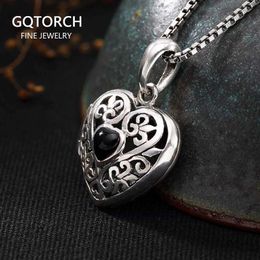 Pendant Necklaces Vintage Thai Silver 925 Sterling Heart Shaped Lockets Pendant Aromatherapy Antique Hollow Flower Natural Stone Fine Jewellery T240524