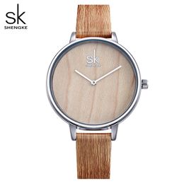Shengke New Creative Women Watches Casual Fashion Wood Leather Watch Simple Female Quartz Wristwatch Relogio Feminino 286O