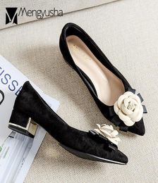Dress Shoes Brand Ladies Pumps Real Velvet With Camellia Women 4cm MedHigh Heels Stewardess OL Bridal Wedding Shoe Tacones 2211025770227