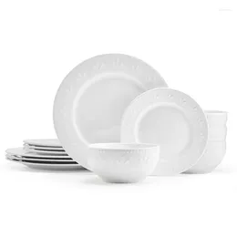 Plates 12-Piece Dinnerware Set Embossed Porcelain In White