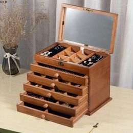 Storage Boxes Solid Wood Six-Layer Jewelry Box Large Capacity With Lock Retro Organizer For Eardrop Earrings Necklaces Carved